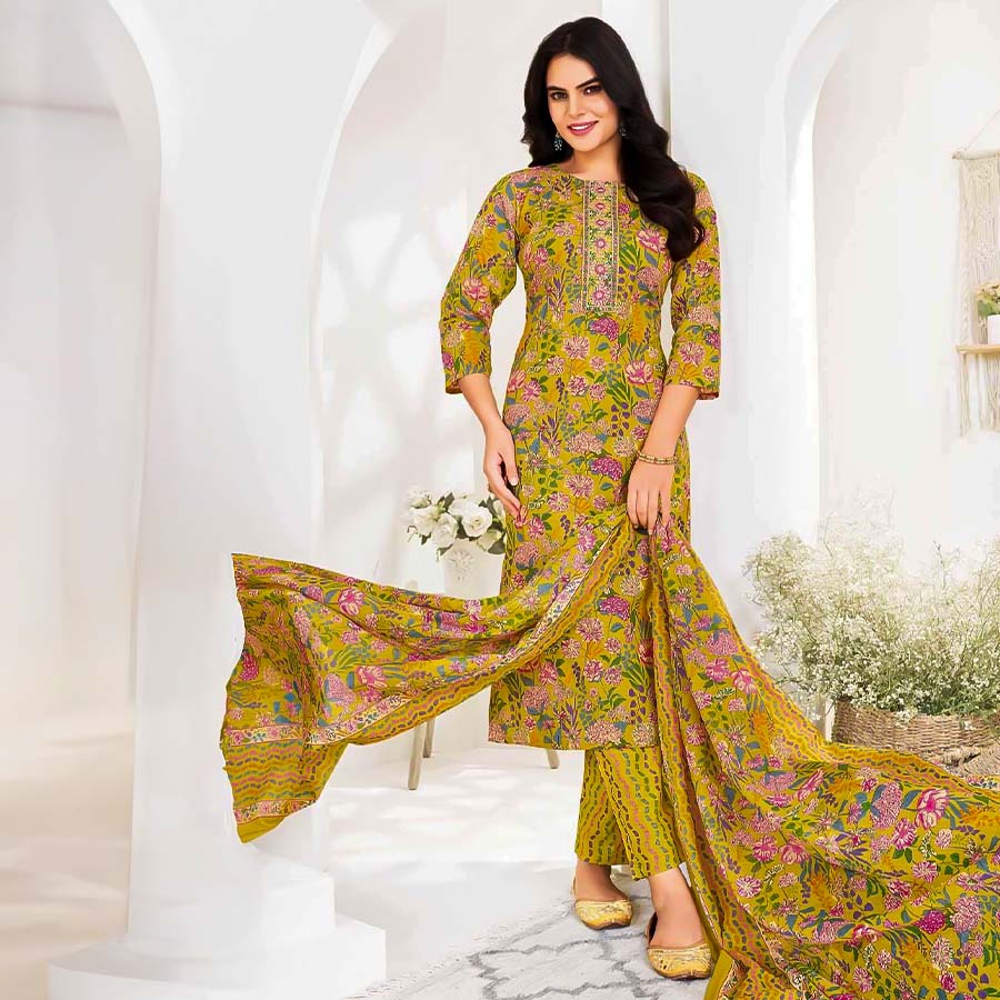 Yellow Cotton Printed Salwar Kameez