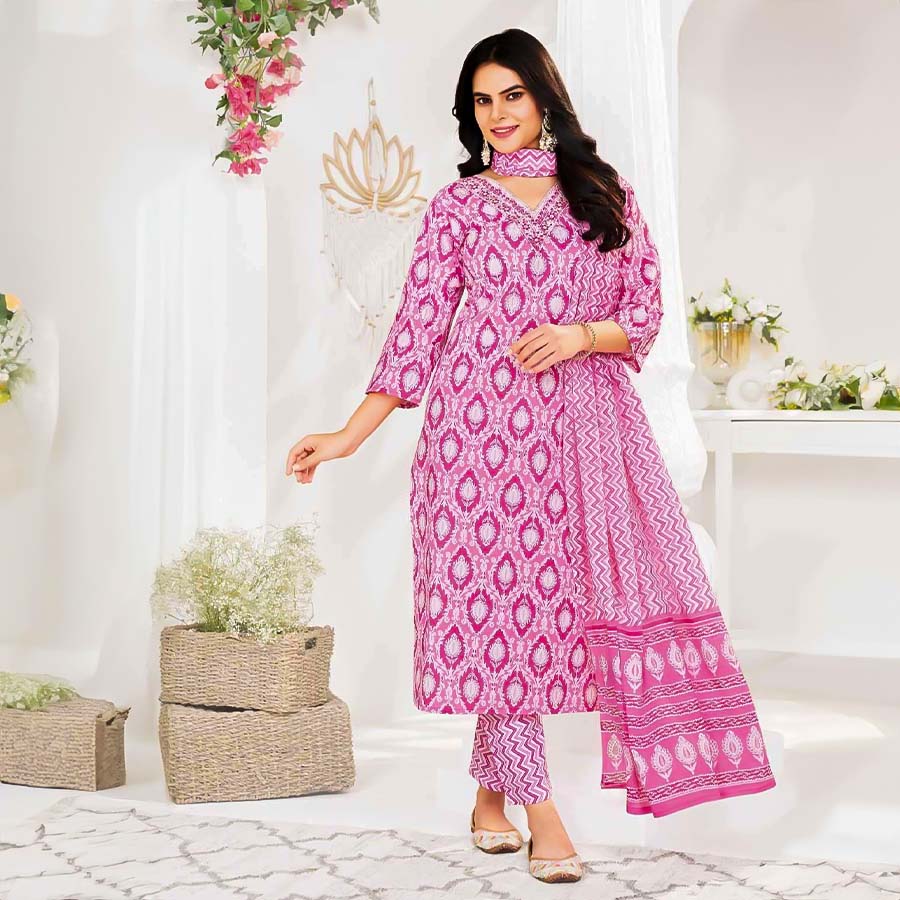 Pink  Cotton Printed Salwar Kameez