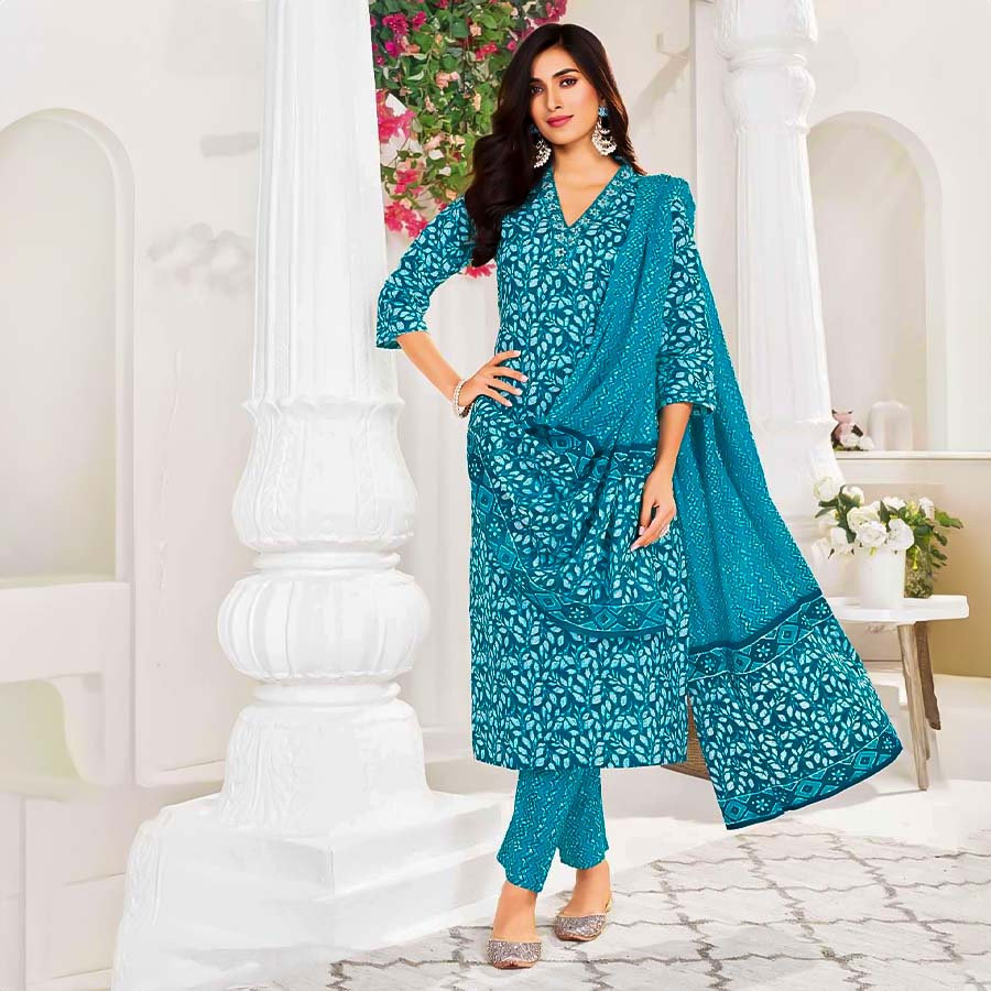 Blue Cotton Printed Salwar Kameez