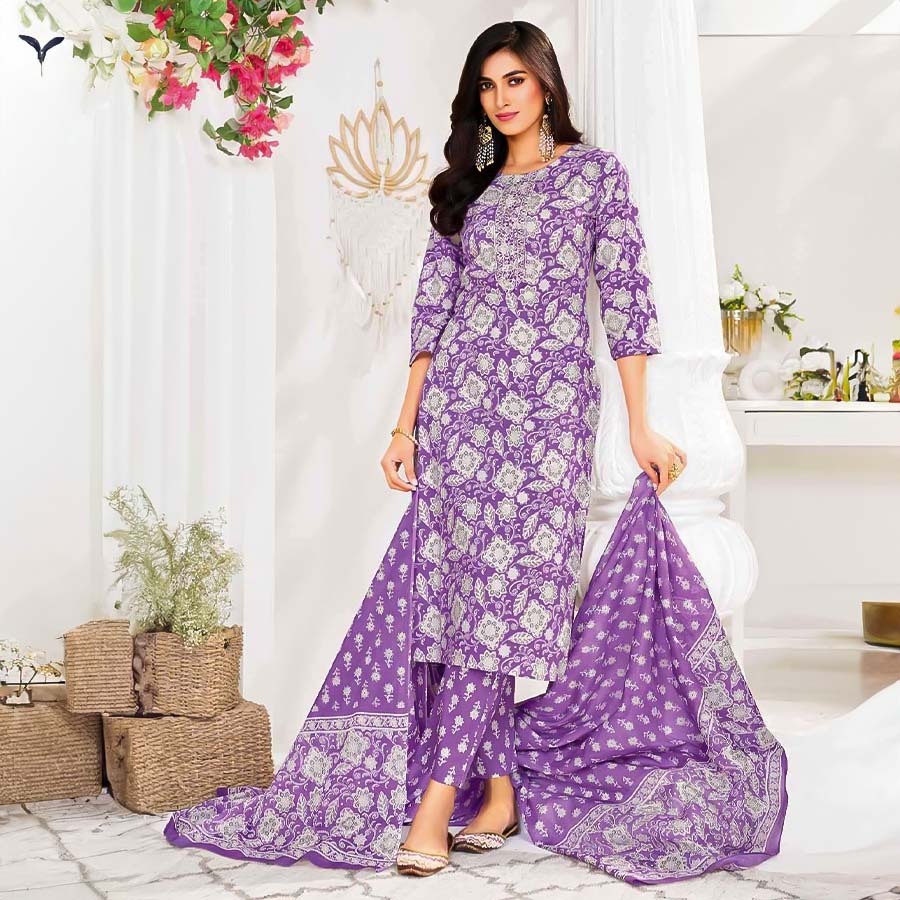 Purple  Cotton Printed Salwar Kameez
