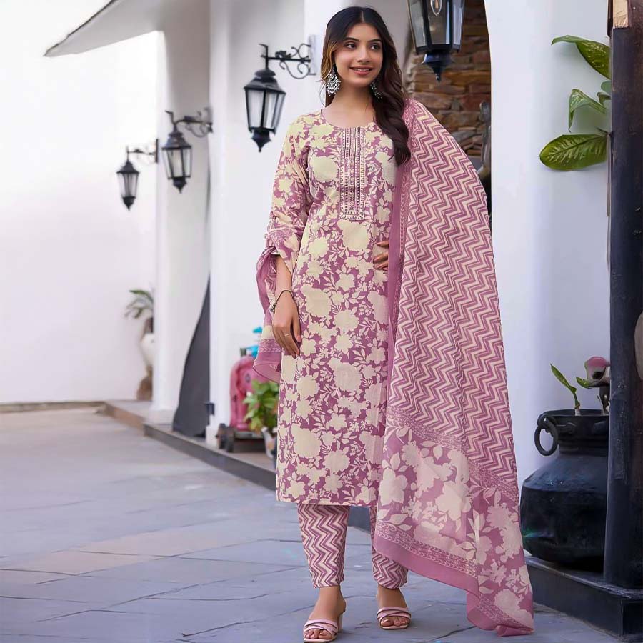 Purple Cotton Casual Wear Salwar Kameez