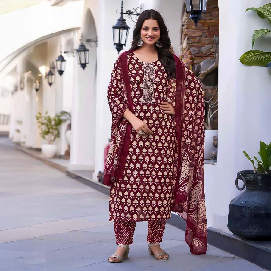 Brown Cotton Casual Wear Salwar Kameez