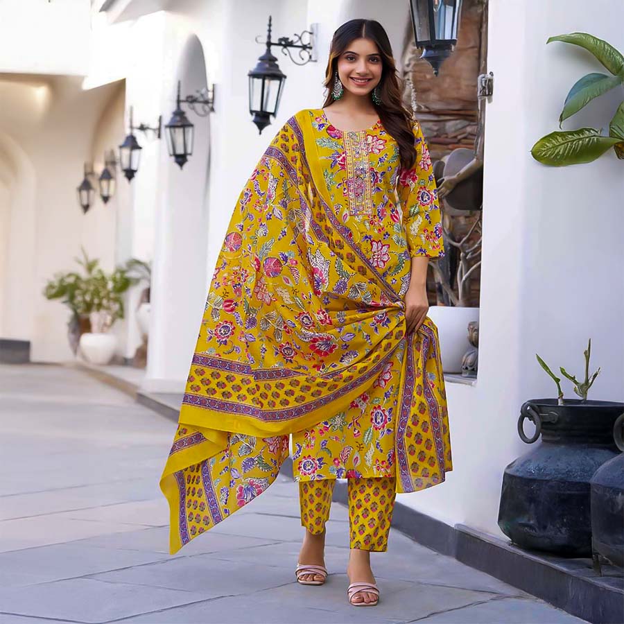 Yellow Cotton Casual Wear Salwar Kameez