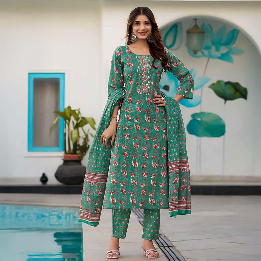 Green  Cotton Casual Wear Salwar Kameez