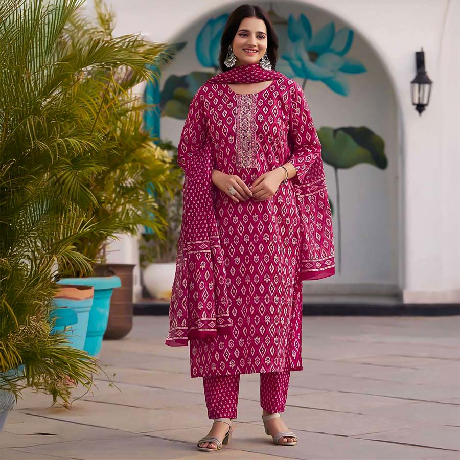 Red Cotton Casual Wear Salwar Kameez