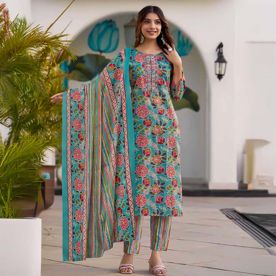 Blue Cotton Casual Wear Salwar Kameez