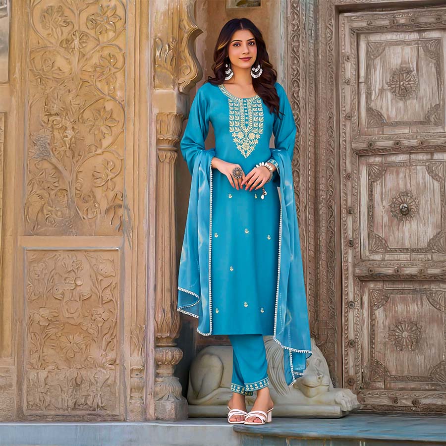 Blue Liva Rayon Casual Wear Salwar Kameez