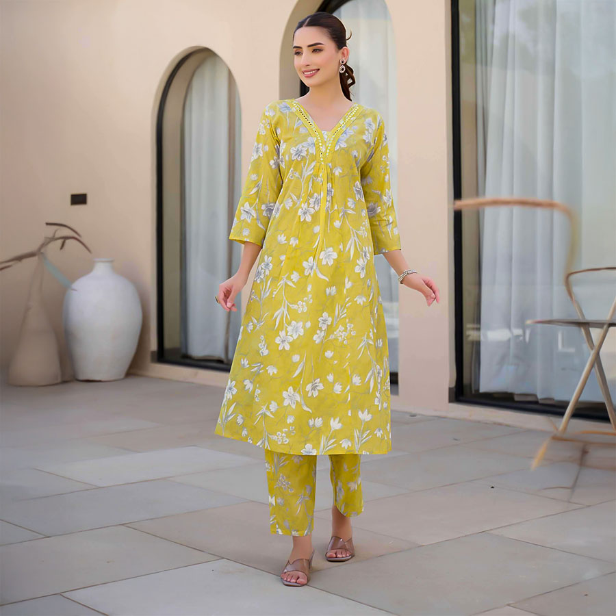 Yellow Cotton Printed Kurti