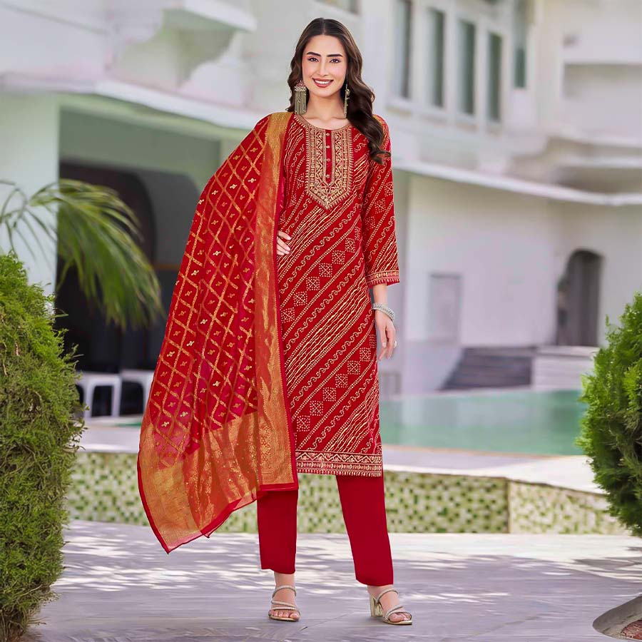 Red Rayon Casual Wear Salwar Kameez