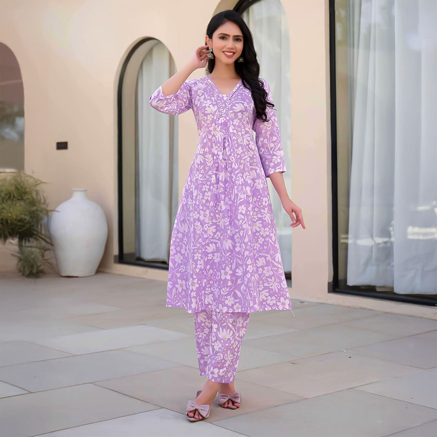 Purple  Cotton Printed Kurti