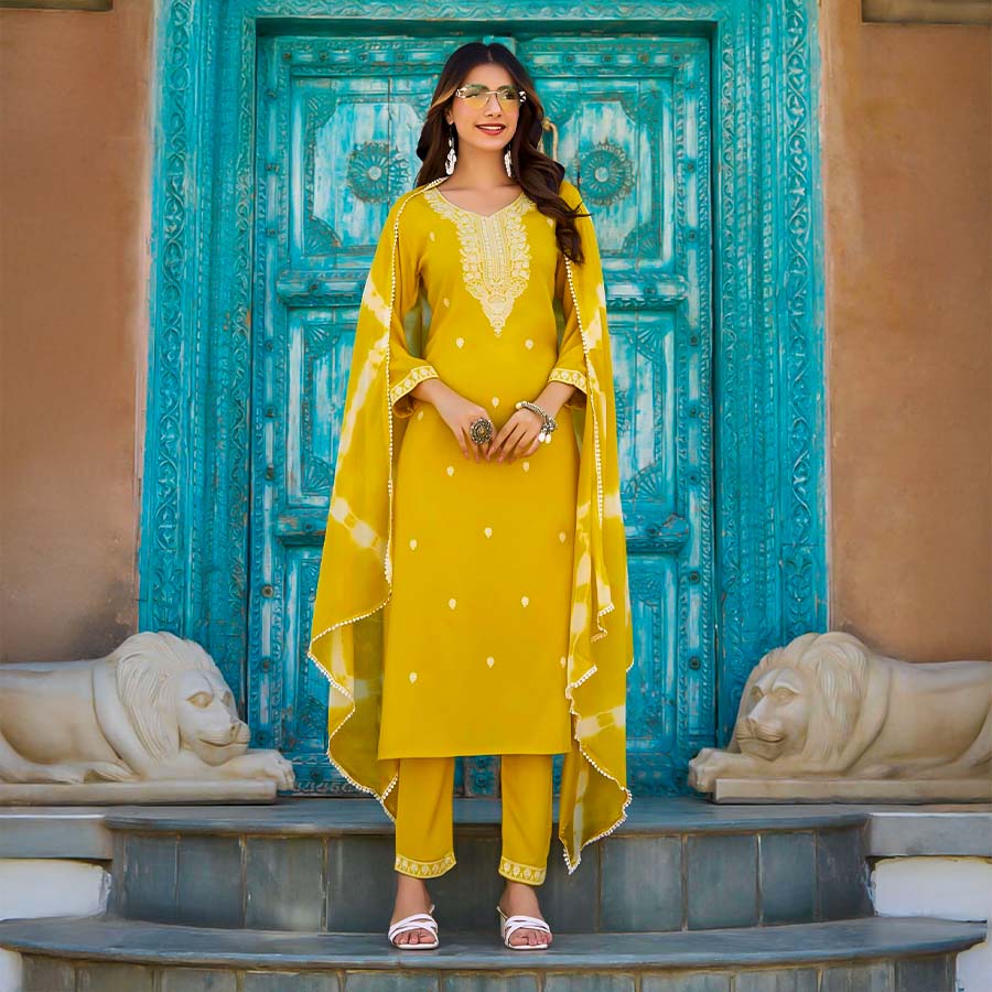 Yellow Liva Rayon Casual Wear Salwar Kameez