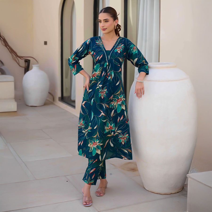 Blue Cotton Printed Kurti