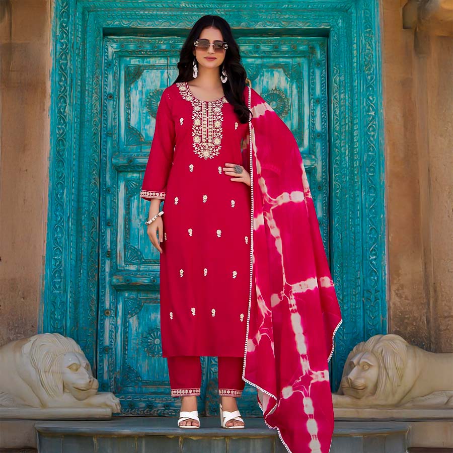 Red  Liva Rayon Casual Wear Salwar Kameez
