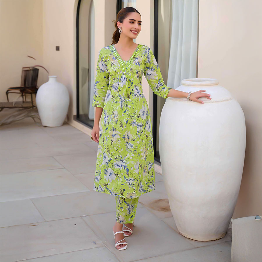 Green  Cotton Printed Kurti