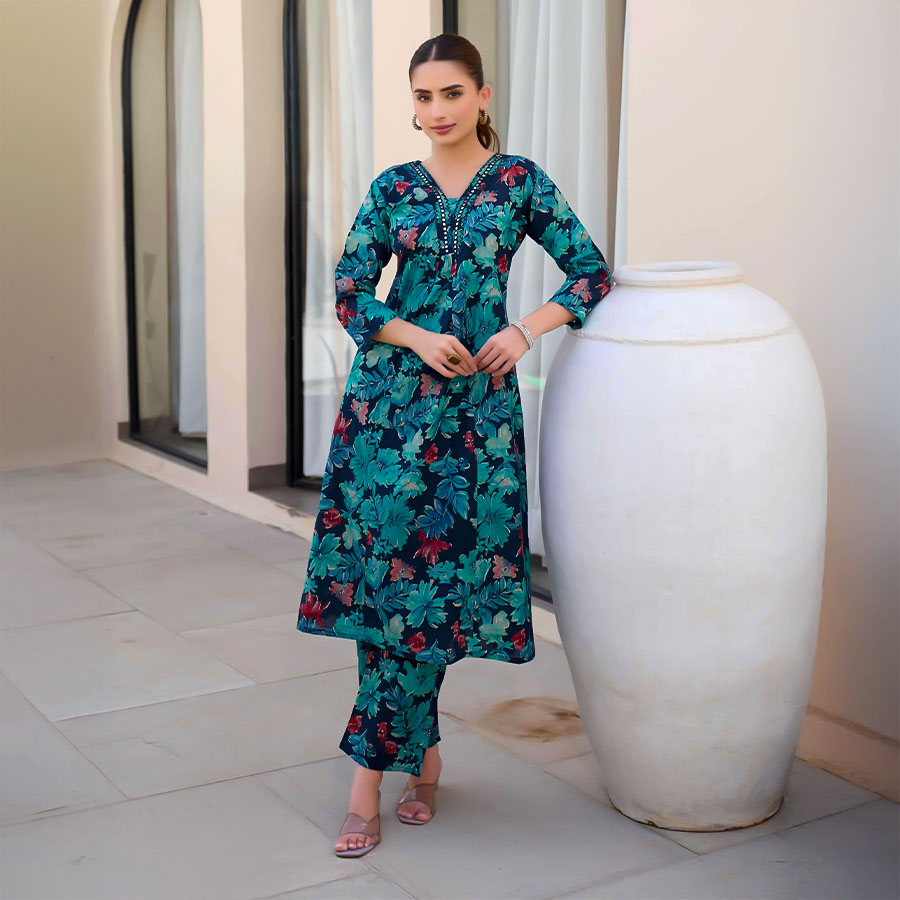 Blue Cotton Printed Kurti