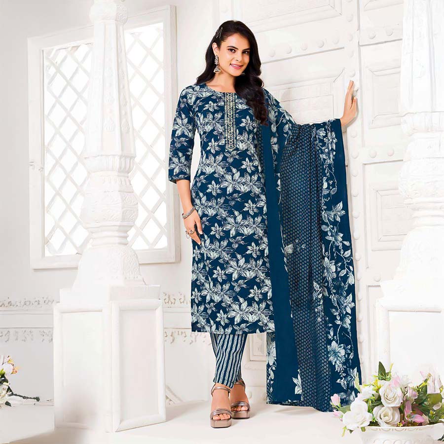 Blue  Cotton Casual Wear Salwar Kameez