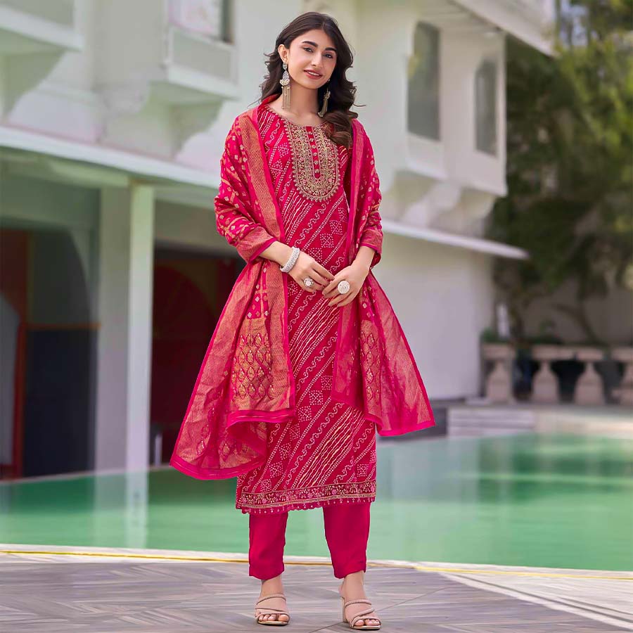 Red Rayon Casual Wear Salwar Kameez