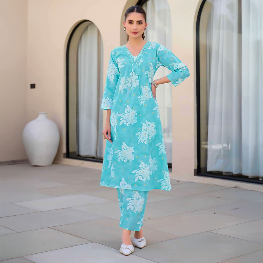 Blue Cotton Printed Kurti