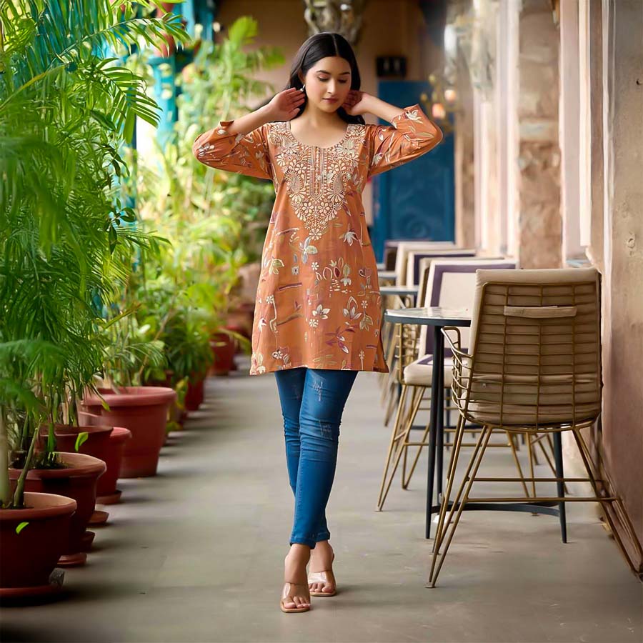 Orange  Cotton Casual Wear Kurti