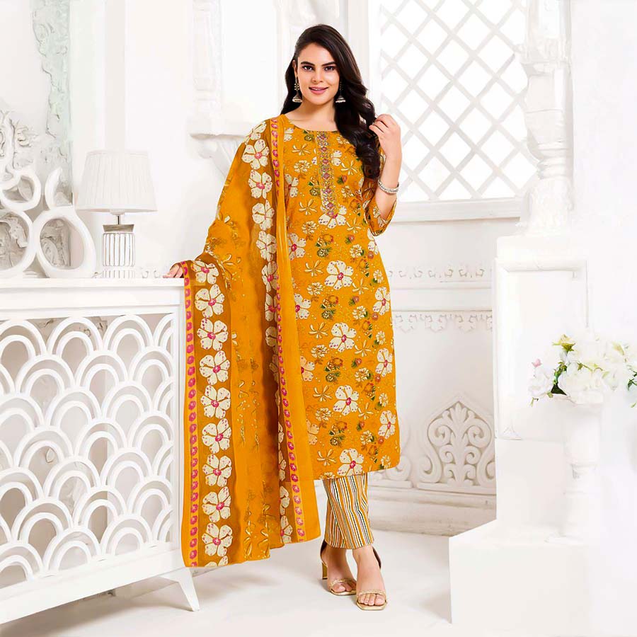 Yellow Cotton Casual Wear Salwar Kameez