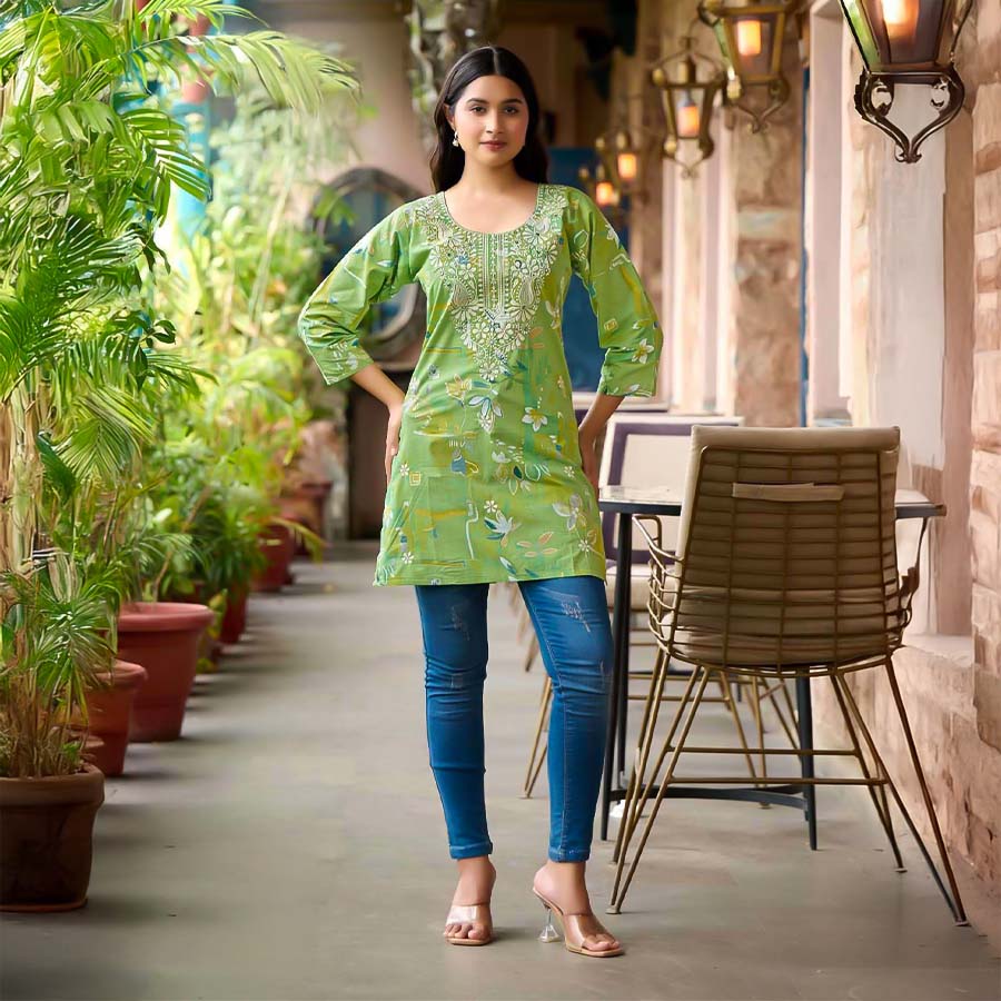 Green  Cotton Casual Wear Kurti