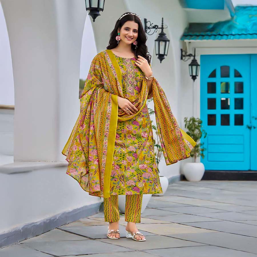 Yellow  Cotton Casual Wear Salwar Kameez