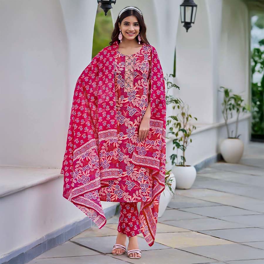 Red  Cotton Casual Wear Salwar Kameez