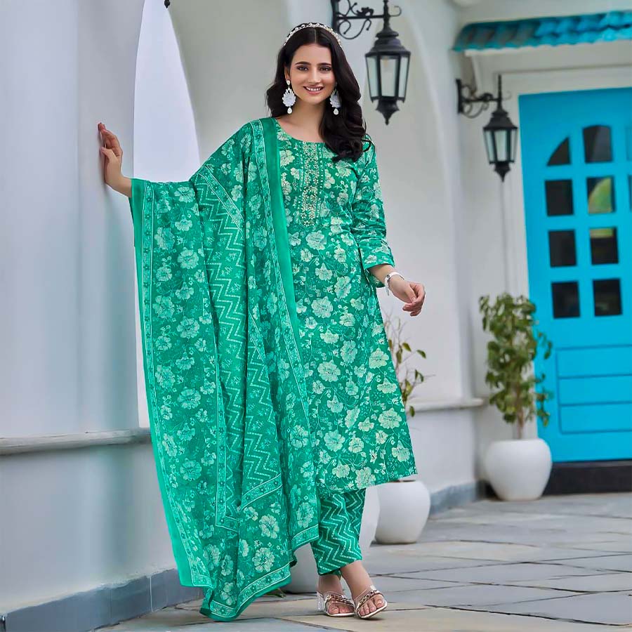 Green  Cotton Casual Wear Salwar Kameez