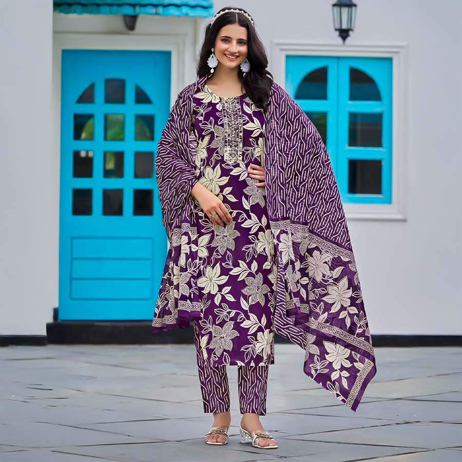 Violet  Cotton Casual Wear Salwar Kameez