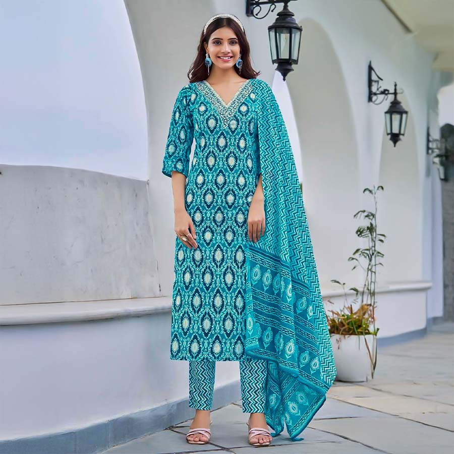 Blue  Cotton Casual Wear Salwar Kameez