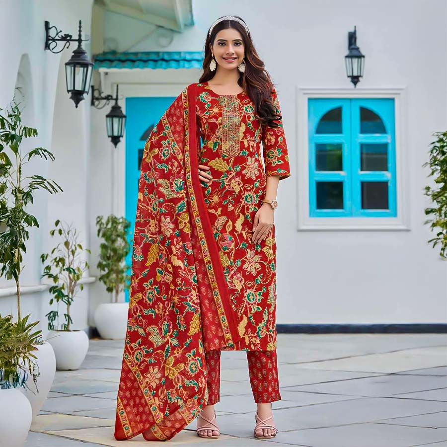 Red  Cotton Casual Wear Salwar Kameez