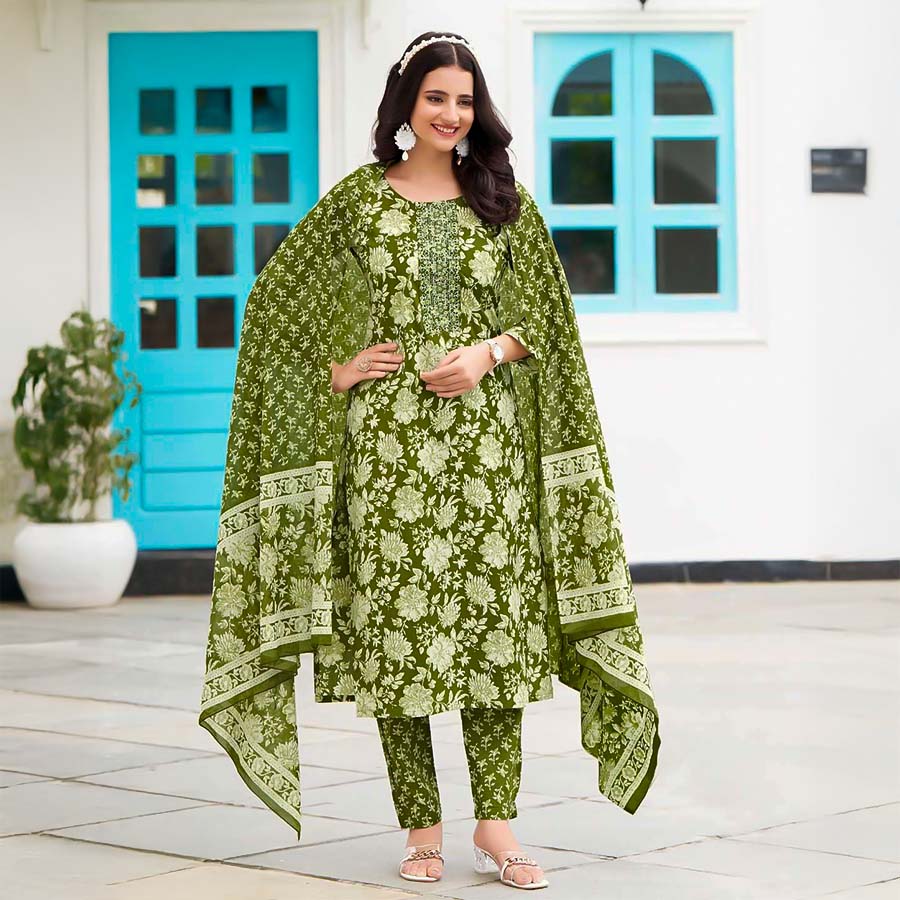 Green  Cotton Casual Wear Salwar Kameez