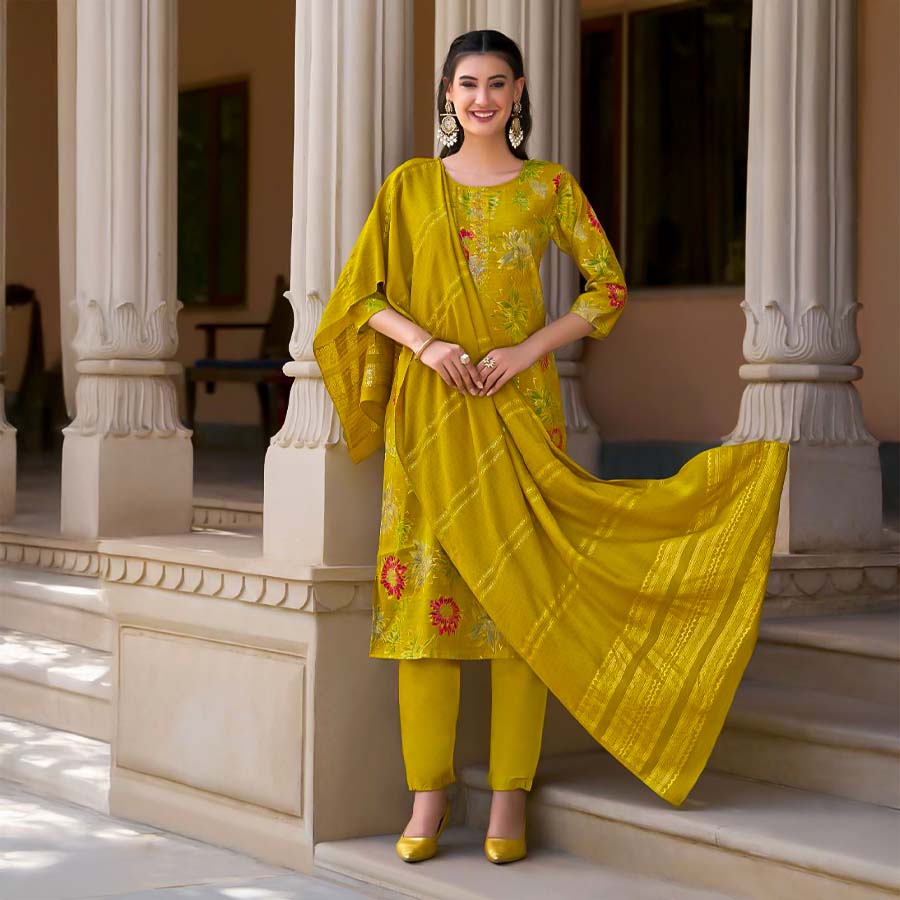 Yellow Vertican Silk Casual Wear Salwar Kameez