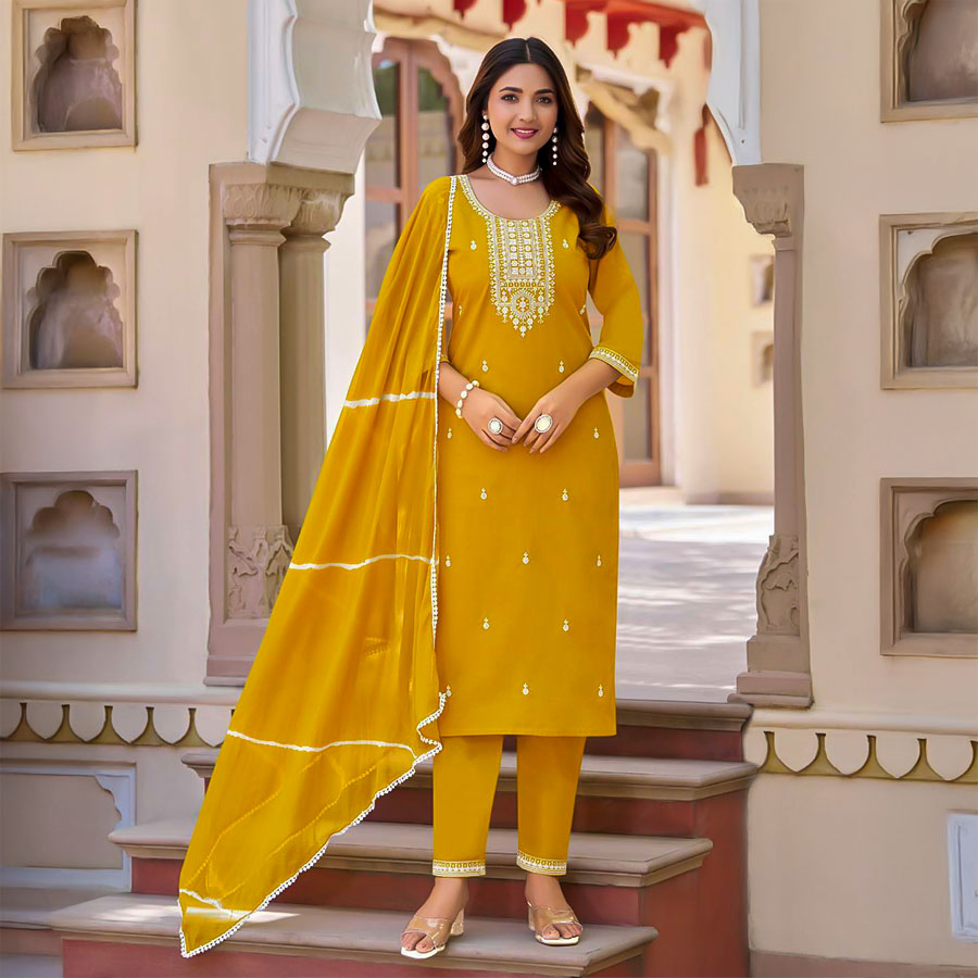 Yellow Cotton Casual Wear Salwar Kameez