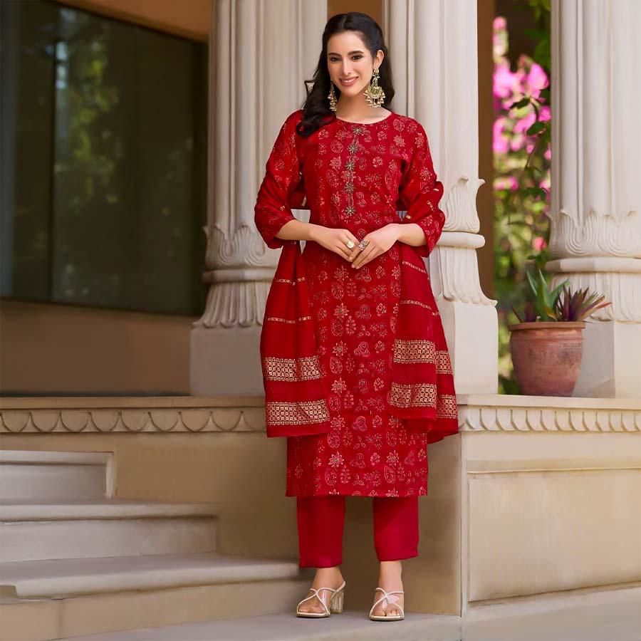 Red  Vertican Silk Casual Wear Salwar Kameez