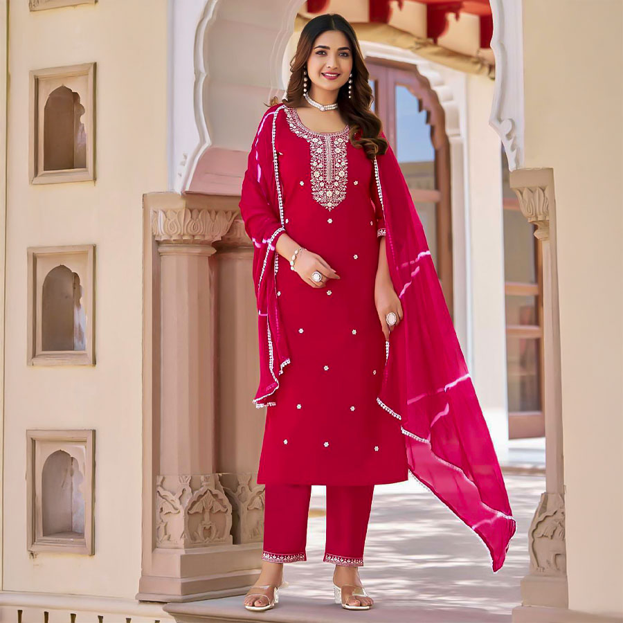 Red Cotton Casual Wear Salwar Kameez