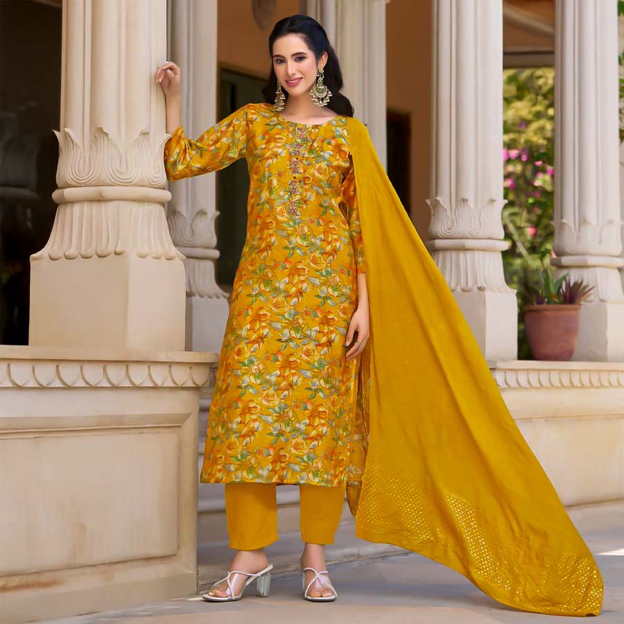 Yellow Vertican Silk Casual Wear Salwar Kameez
