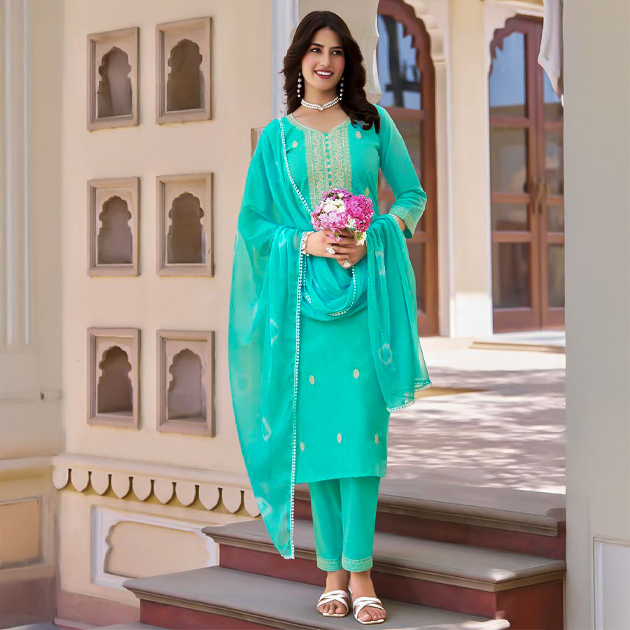 Cyan Cotton Casual Wear Salwar Kameez