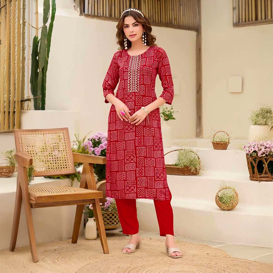 Red  Rayon Printed Kurti