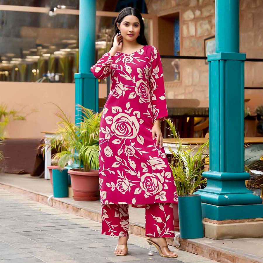 Red  Rayon Printed Kurti