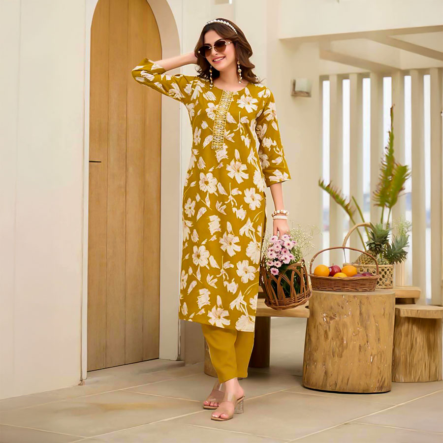 Yellow Rayon Printed Kurti