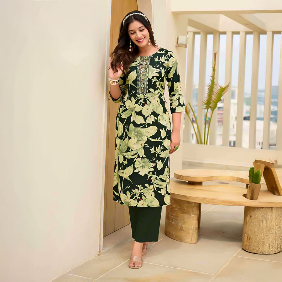 Green  Rayon Printed Kurti