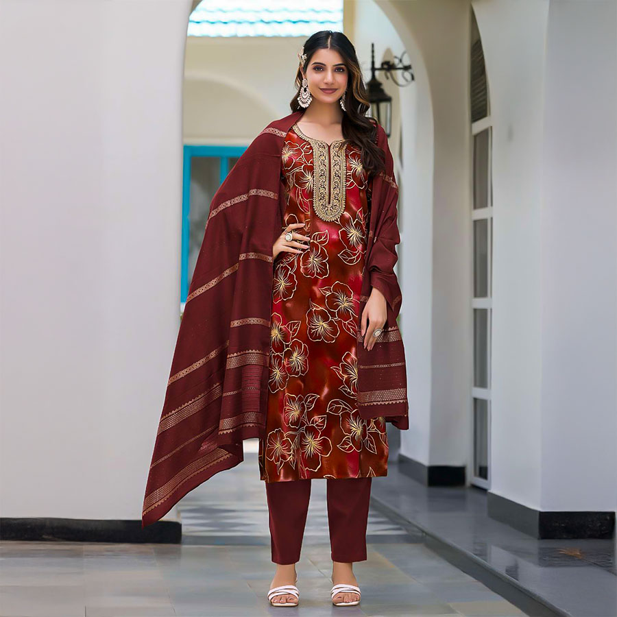 Brown Rayon Casual Wear Salwar Kameez