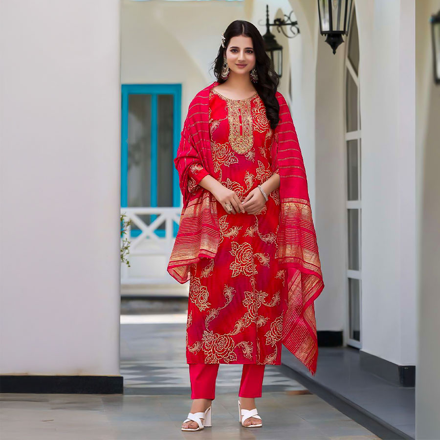 Red  Rayon Casual Wear Salwar Kameez