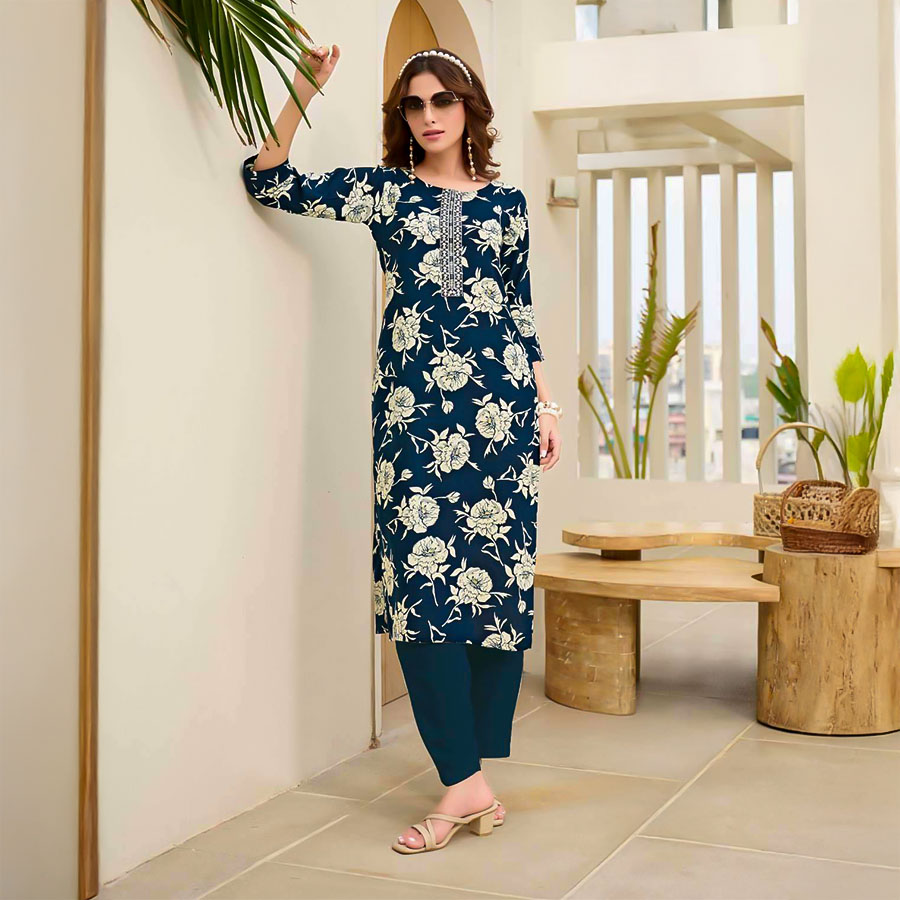Blue Rayon Printed Kurti