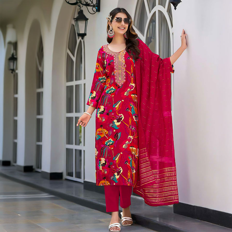 Red  Rayon Casual Wear Salwar Kameez