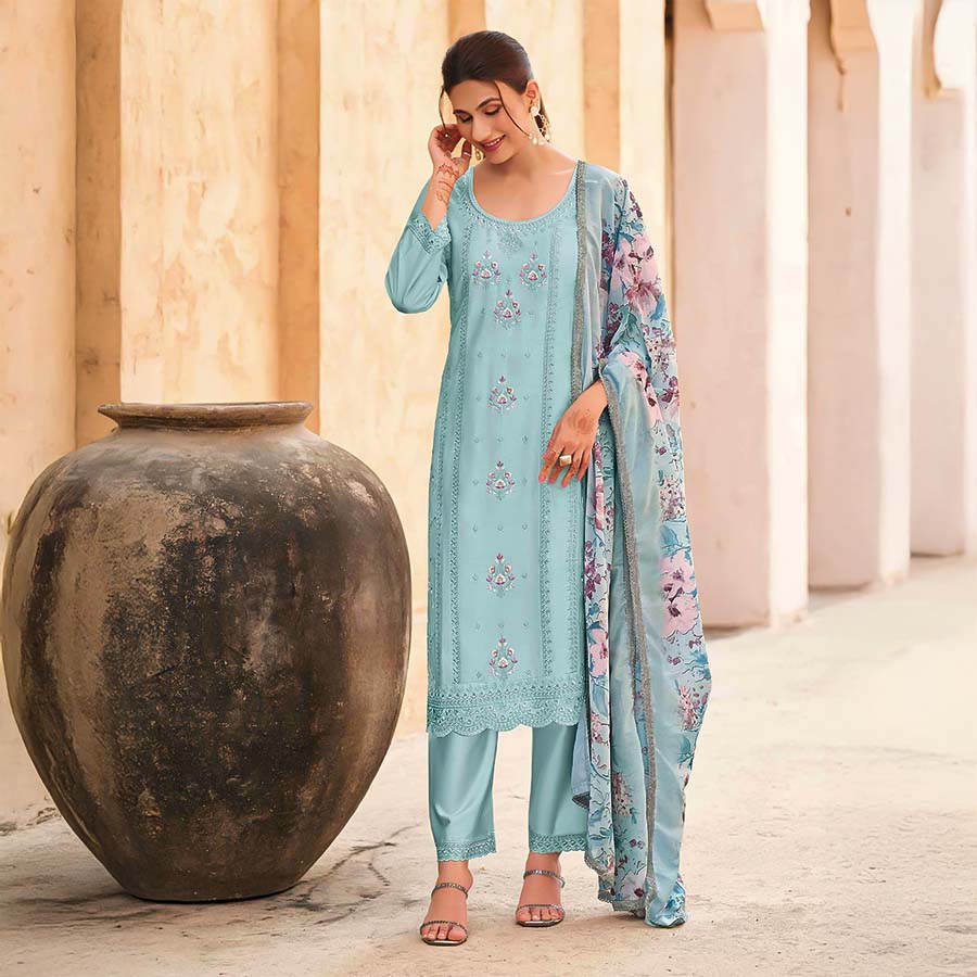 Sky Blue Jam Cotton Casual Wear Salwar Kameez