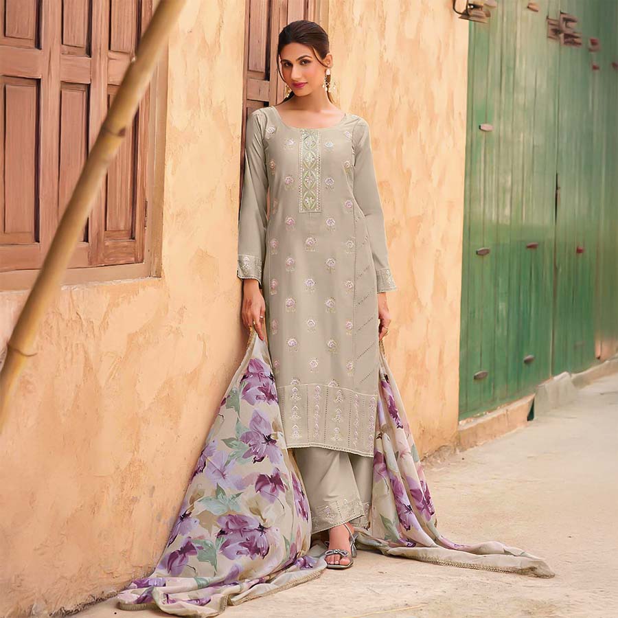 Grey  Jam Cotton Casual Wear Salwar Kameez