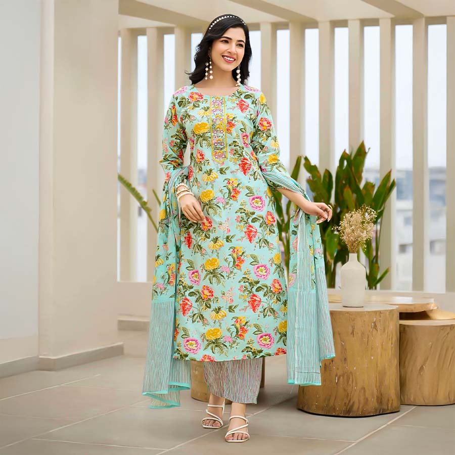 Cyan  Cotton Casual Wear Salwar Kameez