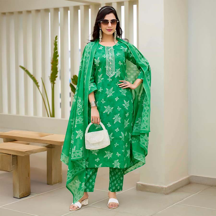 Green  Cotton Casual Wear Salwar Kameez